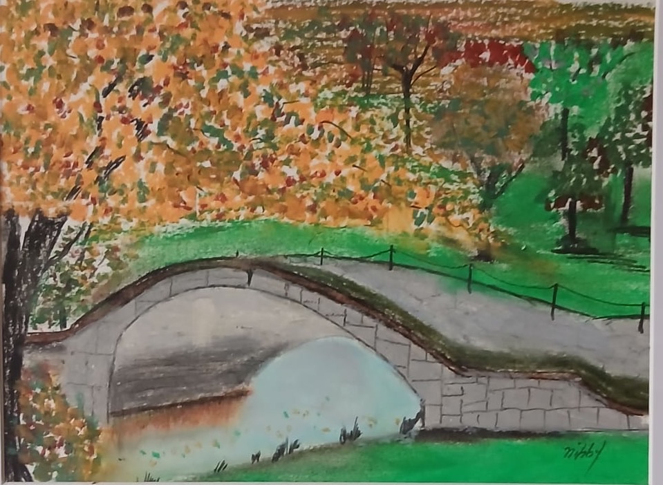 Autumn Bridge — hand-painted, oil pastel on paper