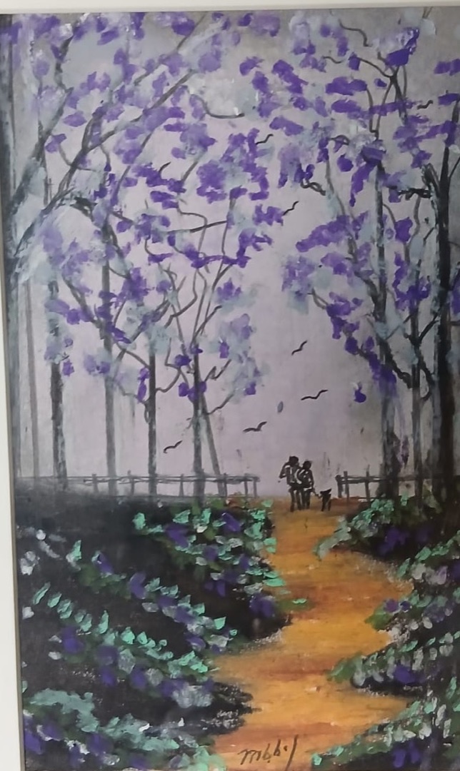 Bench Beneath the Blossom — hand-painted, oil pastel on paper