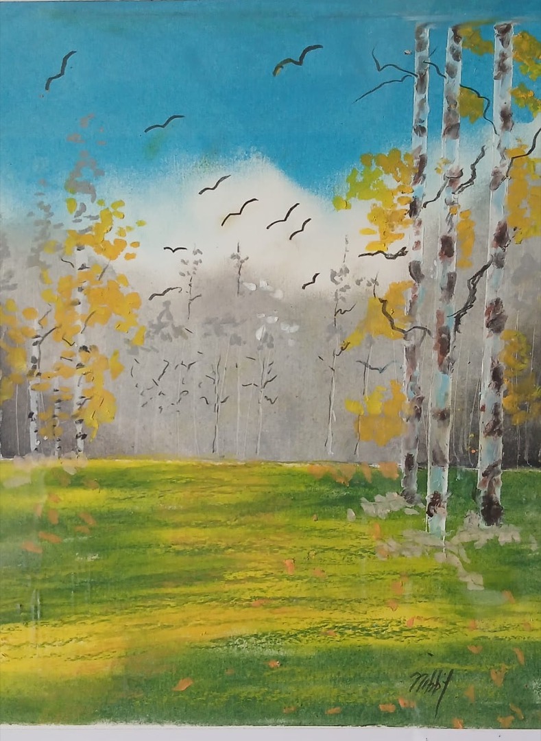 Birch Morning — hand-painted, oil pastel on paper