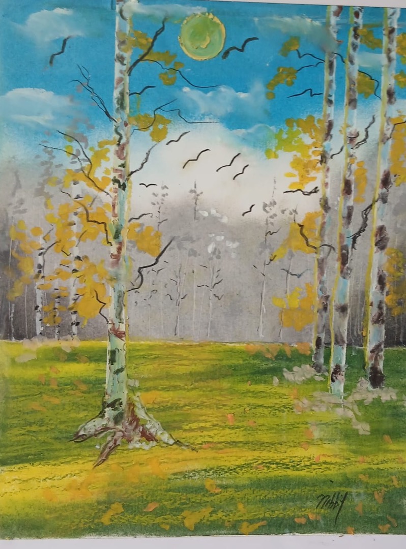 Birches, Autumn Gold — hand-painted, oil pastel on paper