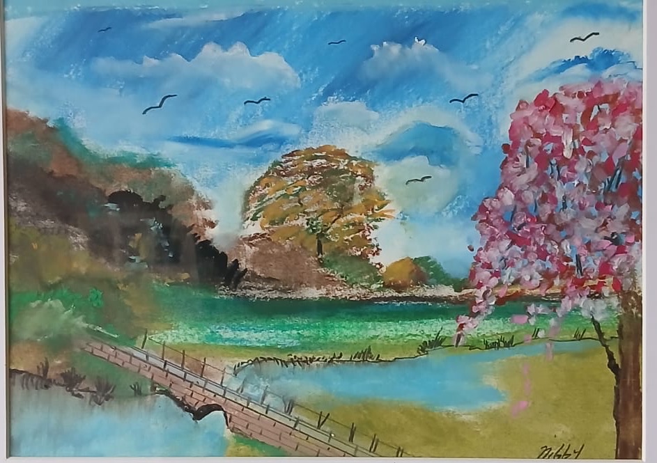 Blossom Over the Bridge — hand-painted, oil pastel on paper