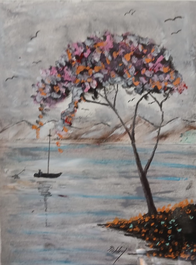Boat Beneath the Blossom — hand-painted, oil pastel on paper