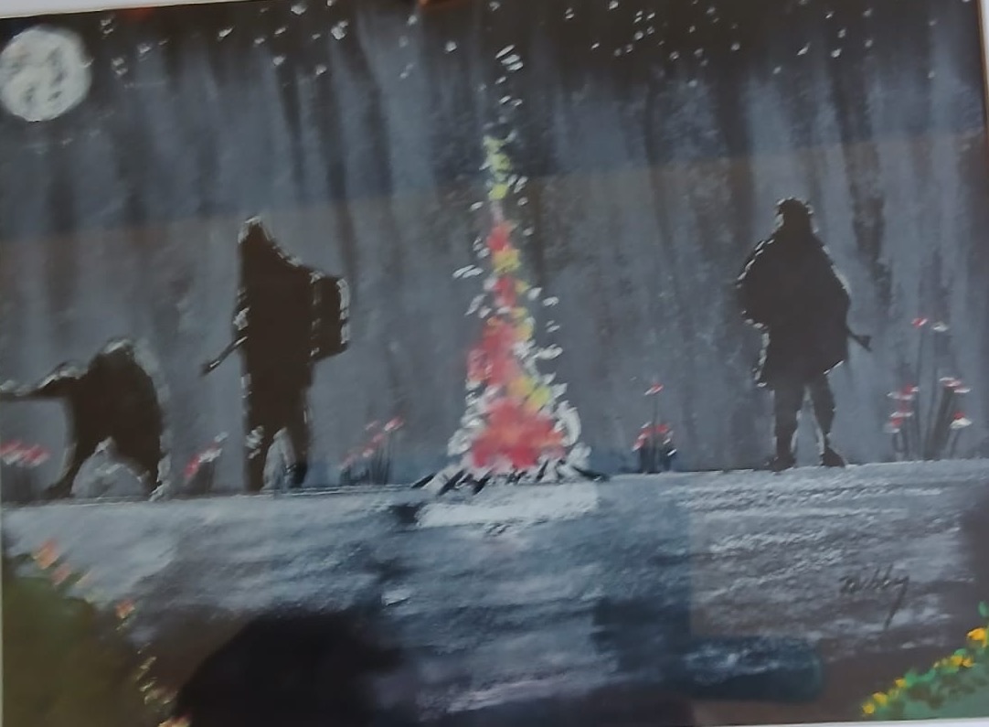 Bonfire, Moonrise — hand-painted, oil pastel on paper