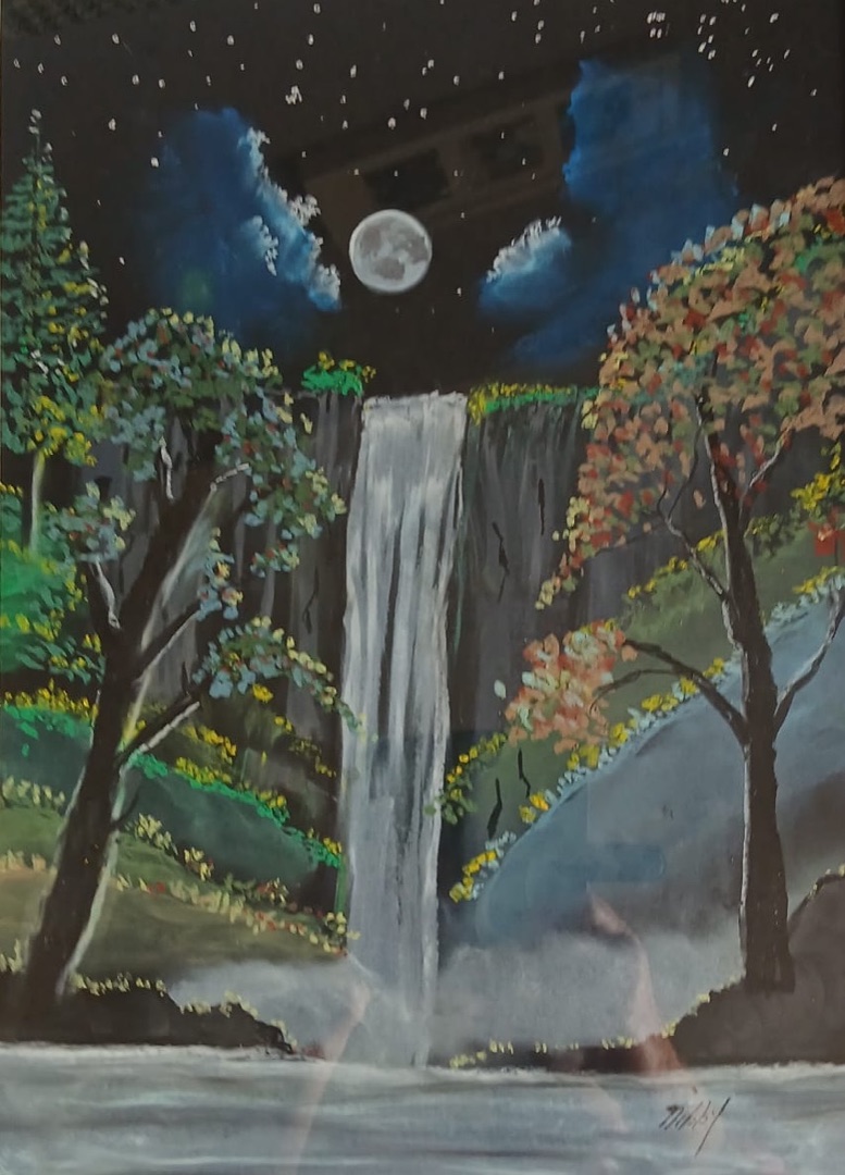 Falls Beneath the Moon — hand-painted, oil pastel on paper