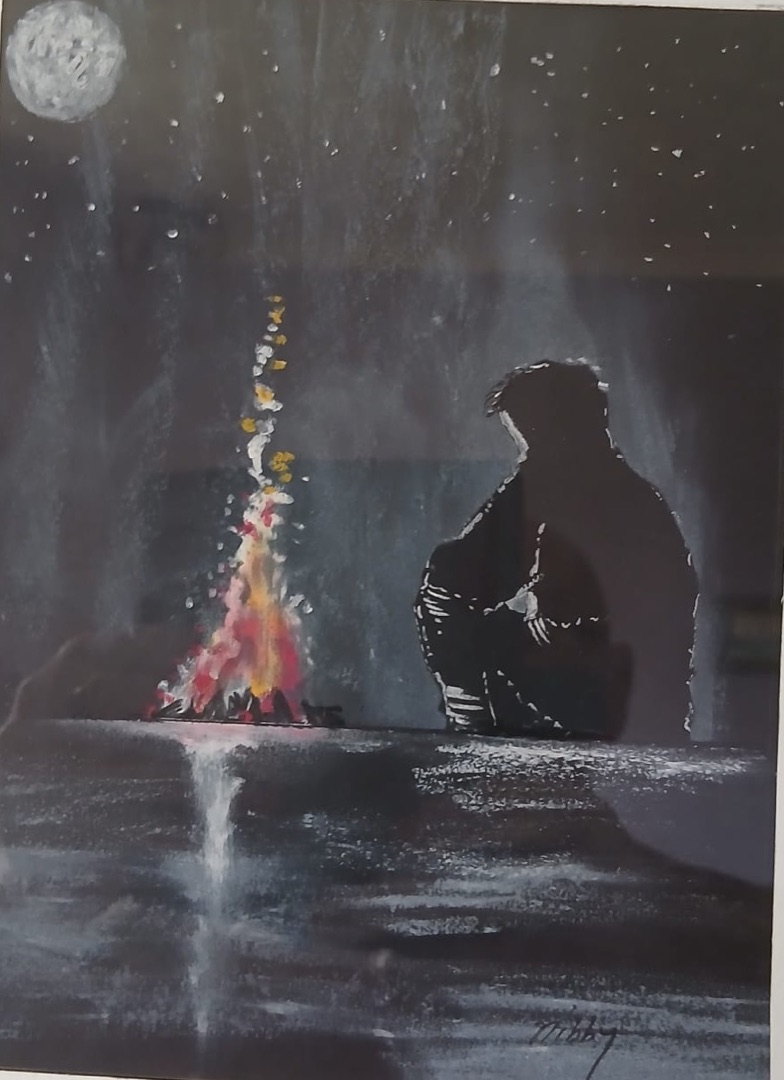 Firelight, Alone — hand-painted, oil pastel on paper