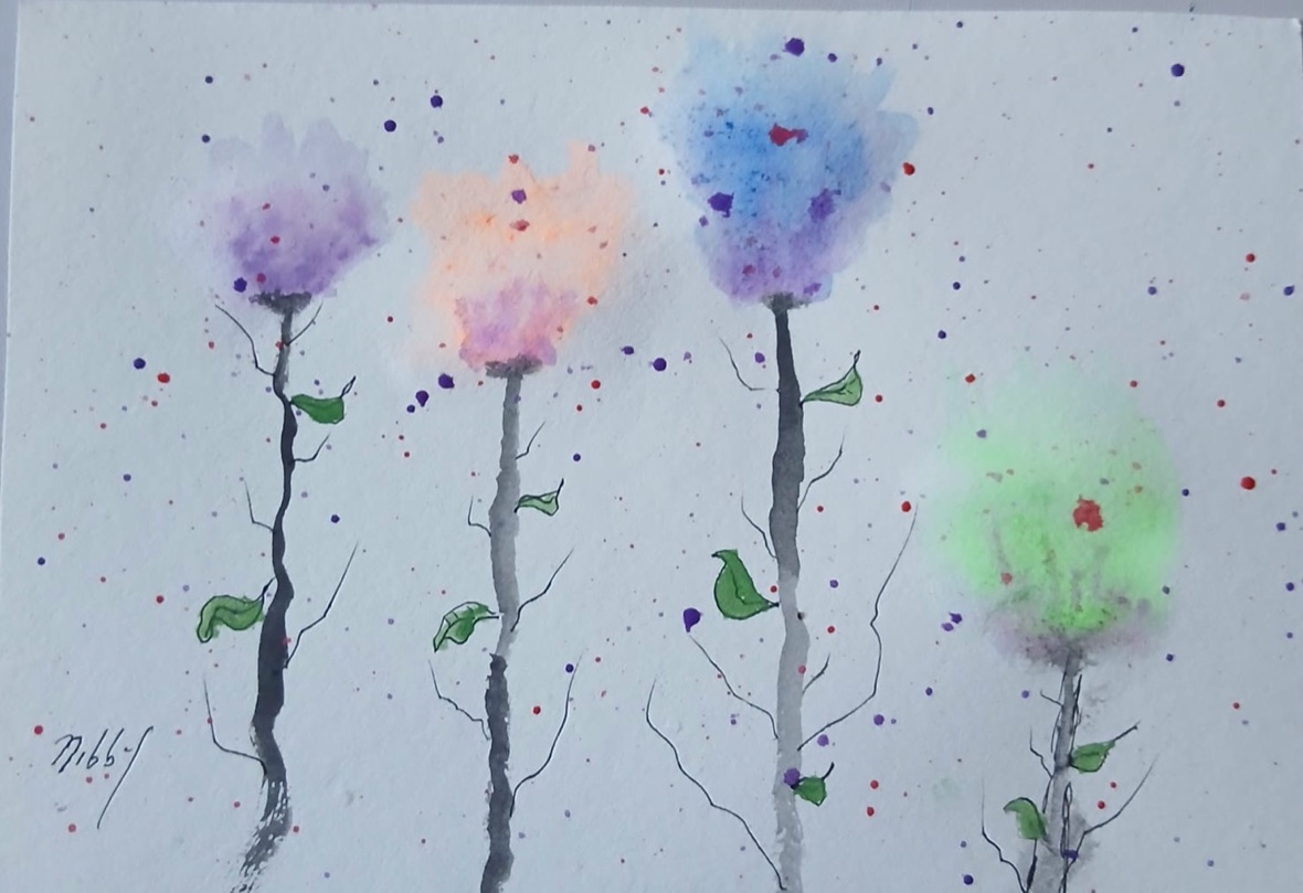 Four in Bloom — hand-painted, watercolour on paper