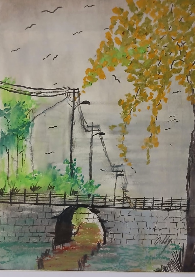 Grey Day, Golden Tree — hand-painted, watercolour on paper