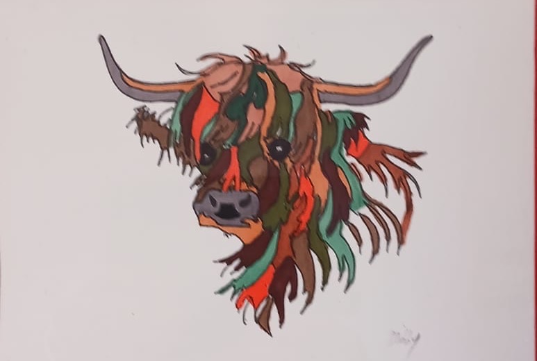 Highland Cow, in Colour — hand-painted, ink & marker on paper
