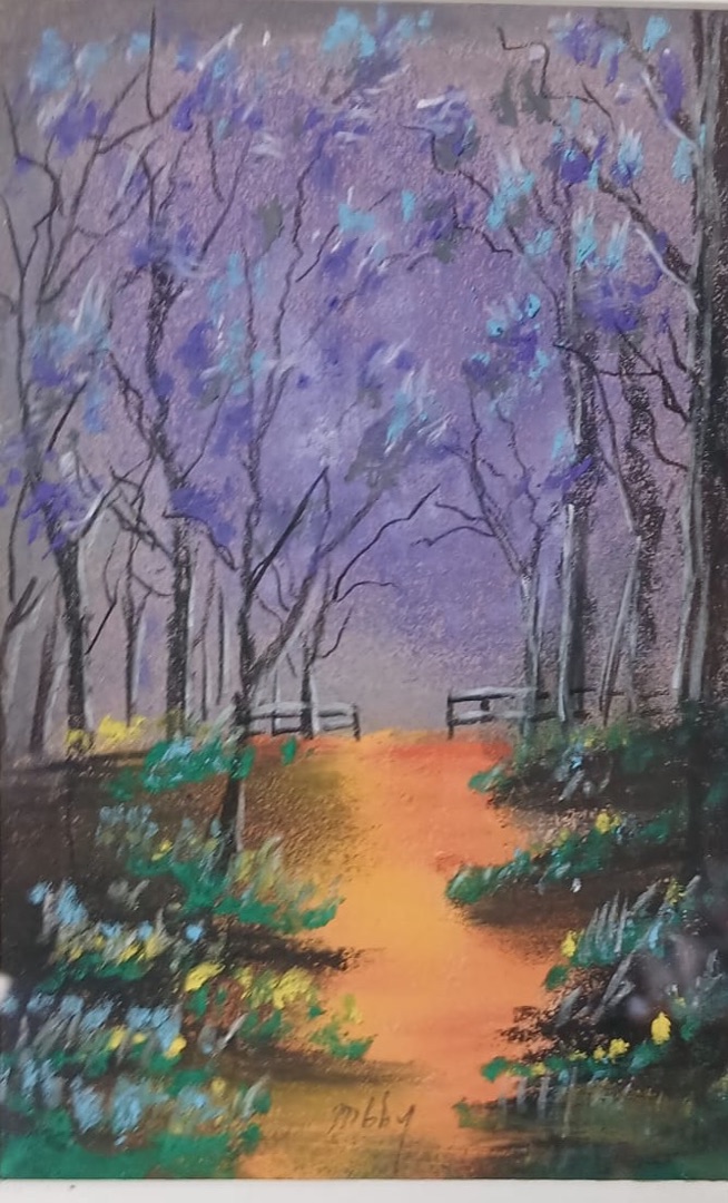Jacaranda Path — hand-painted, oil pastel on paper