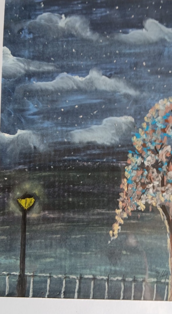 Lamplight, Night Blossom — hand-painted, oil pastel on paper