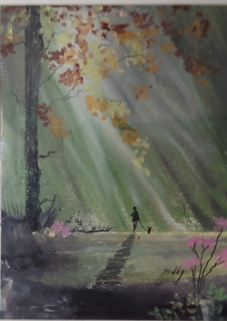 Misty Morning Walk — hand-painted, oil pastel on paper