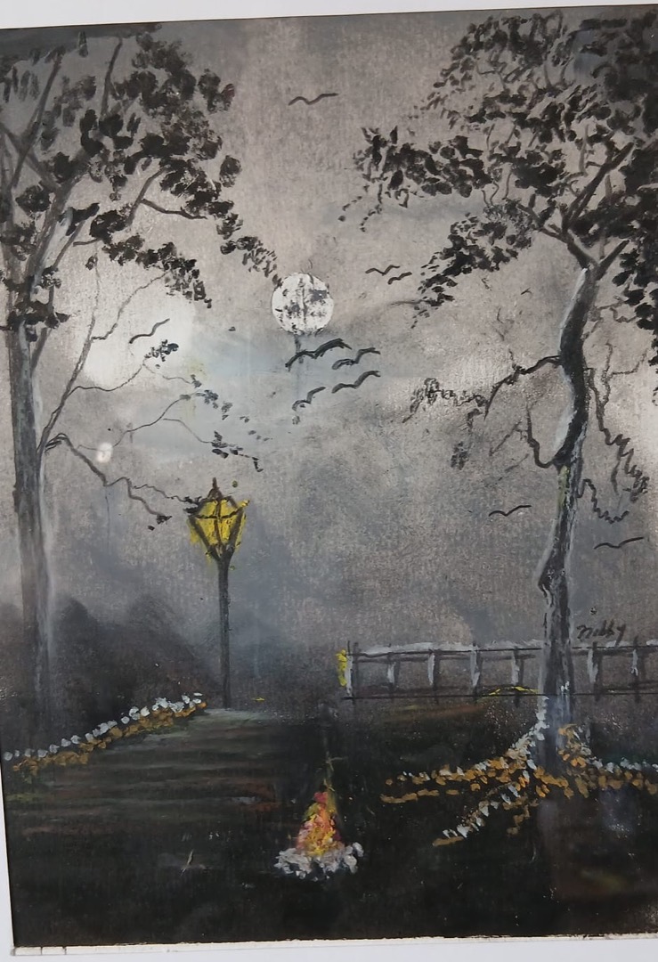 Moon Over the Park — hand-painted, oil pastel on paper