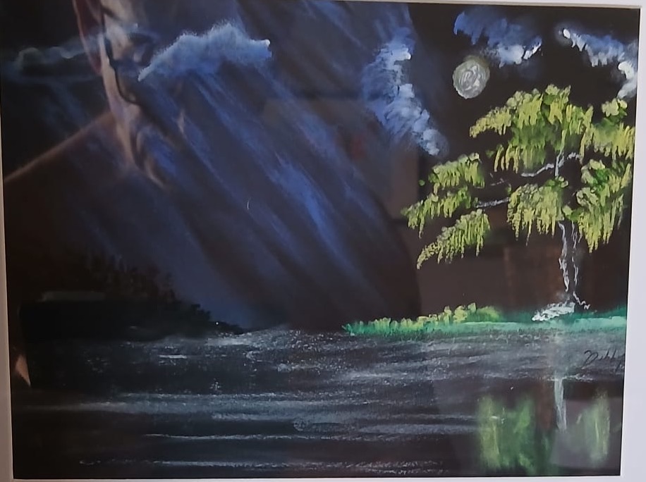 Moonlight on the Willow — hand-painted, oil pastel on paper