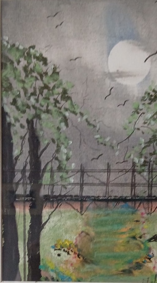 Moonlit Crossing — hand-painted, oil pastel on paper