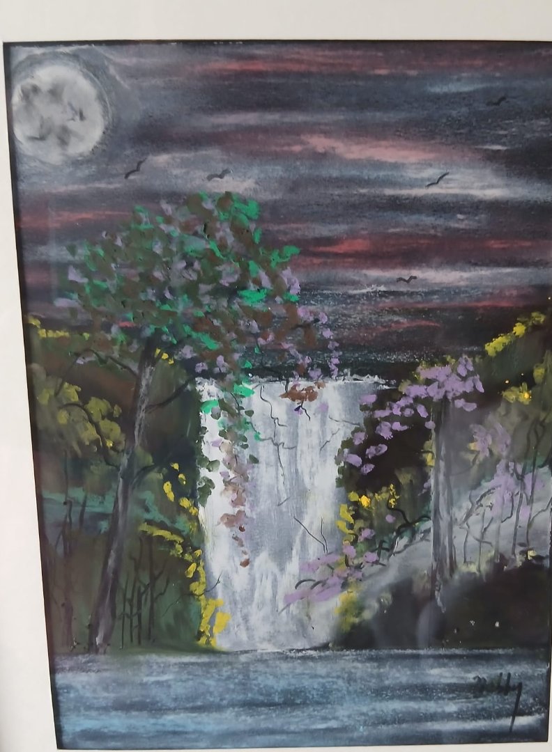 Moonlit Falls — hand-painted, soft pastel & acrylic on paper