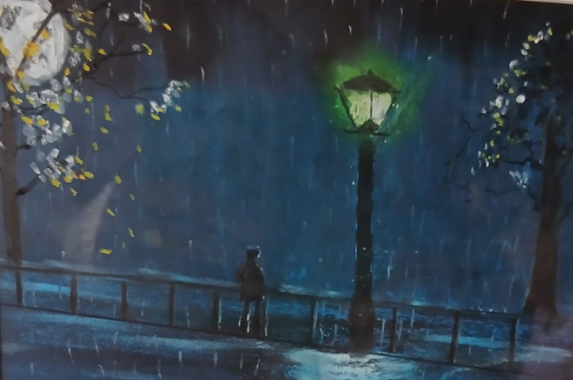 Rain, Lamplight — hand-painted, soft pastel & acrylic on paper