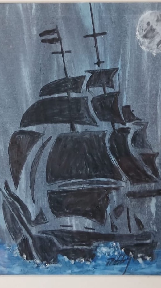 Ship, Full Moon — hand-painted, acrylic on paper
