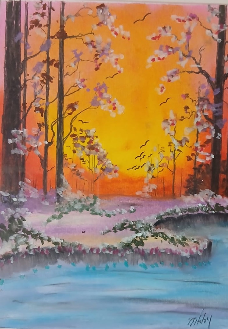 Snowfall at Sundown — hand-painted, acrylic on paper