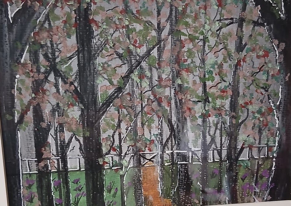 Spring Wood, Passing Fox — hand-painted, oil pastel on paper