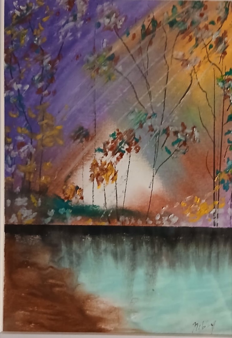 Still Water, Dusk — hand-painted, oil pastel on paper