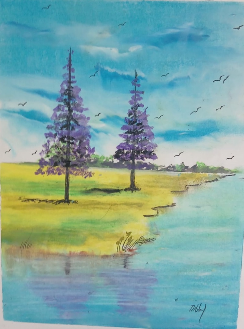 Two Pines, Still Water — hand-painted, oil pastel on paper